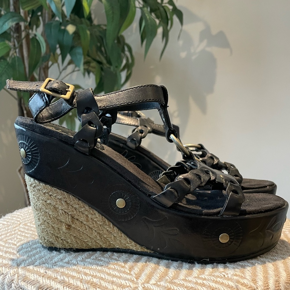 Black Leather Espadrille Wedges. Size 7 (Euro 38)